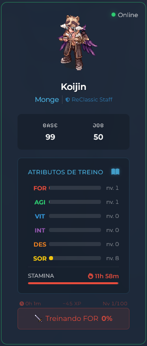 Painel Treino do site — interface visual para acompanhar treino e stamina, online ou offline.